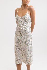 Bias Cut Midi Dress for a Soft Hugging and Floaty Drape, Scoop Neckline, and Adjustable Fine Straps with a Femme Floral Print, Rhythm, $83.50