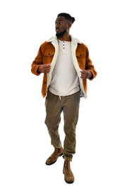 Sherpa Lined, Trucker Style Jacket with Double Chest Pockets, Side Slit Pockets and Button Front Details, Hedge, $145