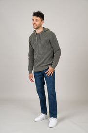 Slim Fit Shaker Knit Hooded Sweater with Ribbed Cuff, Hem and Hood and Faux Leather Details on Drawstring, Hedge, $90