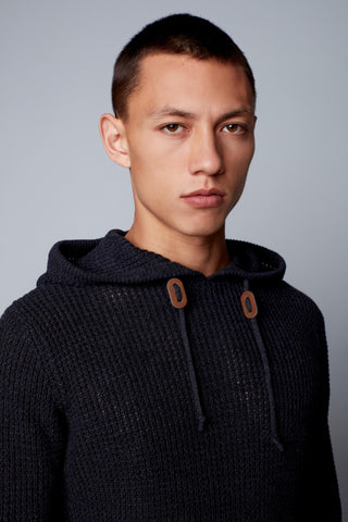 Slim Fit Hooded Sweater in Lightweight Shaker Knit Fabric Ribbed Cuffs and Hem with Faux Leather Details on Drawstrings, Hedge, $65