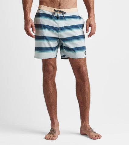 Boardshorts in Heathered 4-Way Stretch Fabric with Chiller Sideseam Pockets, Zipper Back Pocket, and Scalloped Hem. 17" Outsea, 7" Inseam, Roark, $65