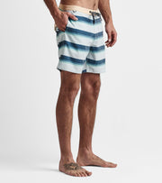 Boardshorts in Heathered 4-Way Stretch Fabric with Chiller Sideseam Pockets, Zipper Back Pocket, and Scalloped Hem. 17" Outsea, 7" Inseam, Roark, $65