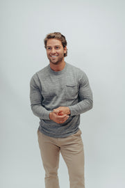 Classic Style LS Sweater with a Roll Hem Chest Pocket in a Jersey Rib Blend Fabric, The Normal Brand, $85