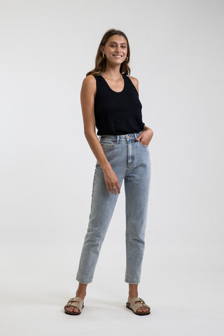 Ladies Classic Hi-Rise Tapered Jean in a Tinted light Wash with Subtle Stretch, Rhythm, $83.50