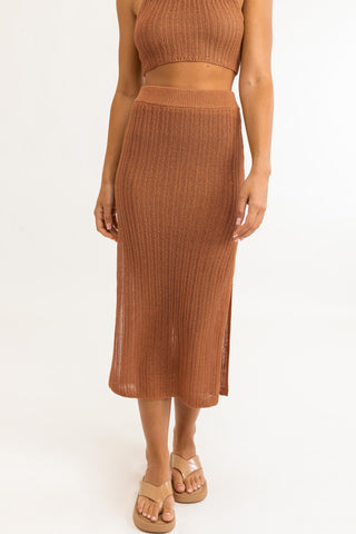 Loose, Open Weave Knit Tea Length Skirt Featuring Tall Side Slits for a Relaxed Summer Feel, Rhythm, $62.50
