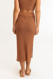 Loose, Open Weave Knit Tea Length Skirt Featuring Tall Side Slits for a Relaxed Summer Feel, Rhythm, $62.50